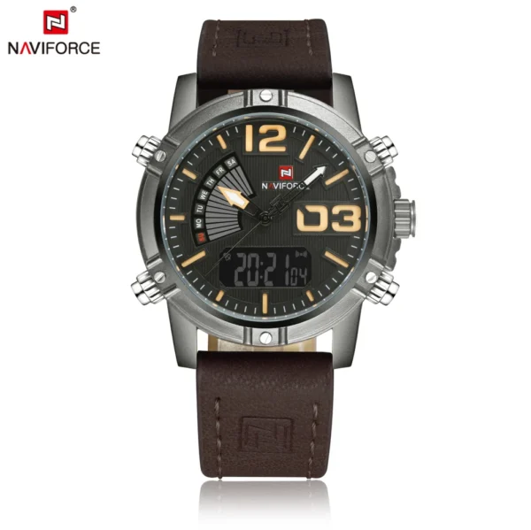 NAVIFORCE NF9095 Luminous Faux Leather Strap Analog Digital Watch for Men- Chocolate