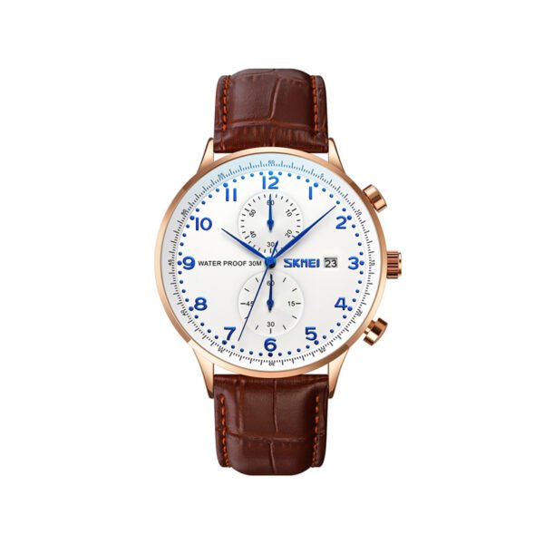 SKMEI 9301 Premium Leather Men Quartz Analog Watch-Brown & White