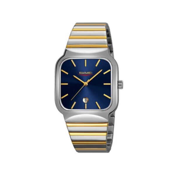 Skmei 9361 Square Quartz Watch for Men- Silver Gold & Blue