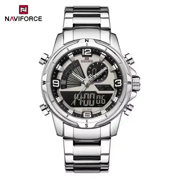 Naviforce NF9257 Men’s Dual Movement Digital Analog Multifunction Watch -Silver Gray