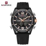 Naviforce NF9264 Men’s Sporty Multifuctional Dual Display Fumed Silica Strap Watch-Black Rose