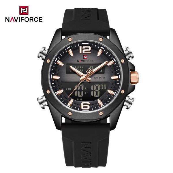 Naviforce NF9264 Men’s Sporty Multifuctional Dual Display Fumed Silica Strap Watch-Black Rose