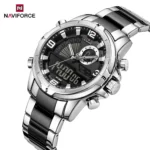 Naviforce NF9257 Men’s Dual Movement Digital Analog Multifunction Watch- Silver Black - Image 2
