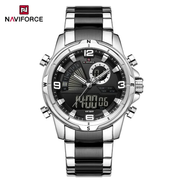 Naviforce NF9257 Men’s Dual Movement Digital Analog Multifunction Watch- Silver Black