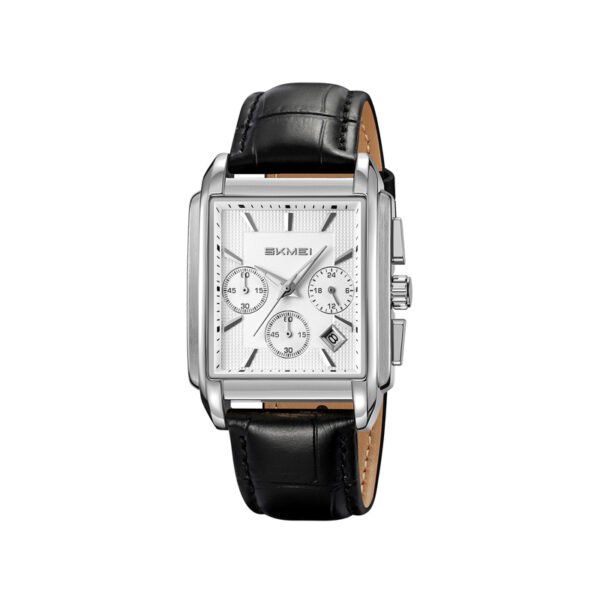 Skmei 2339 Square Dial Leather Strap Watch for Men-Silver & White