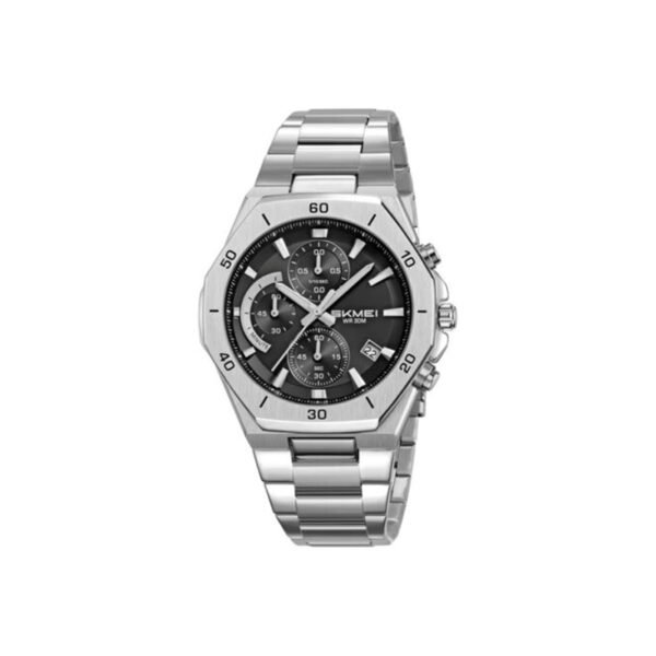 Skmei 2452 Chronograph Luminous Stainless Steel Quartz Watch for Men- Silver Black