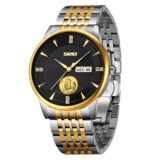 SKMEI 9309 Quartz Movement Luxury Steel Strap Watch For Men- Black Gold