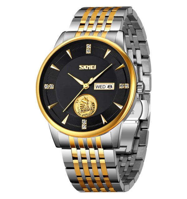 SKMEI 9309 Quartz Movement Luxury Steel Strap Watch For Men- Black Gold
