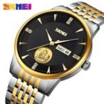SKMEI 9309 Quartz Movement Luxury Steel Strap Watch For Men- Black Gold - Image 2